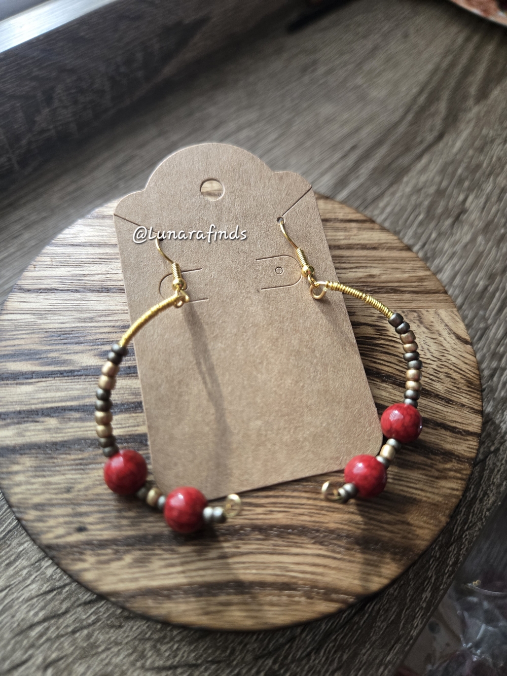 Handcrafted Red Half Twirl Boho Hoop Earrings - Gold Accent